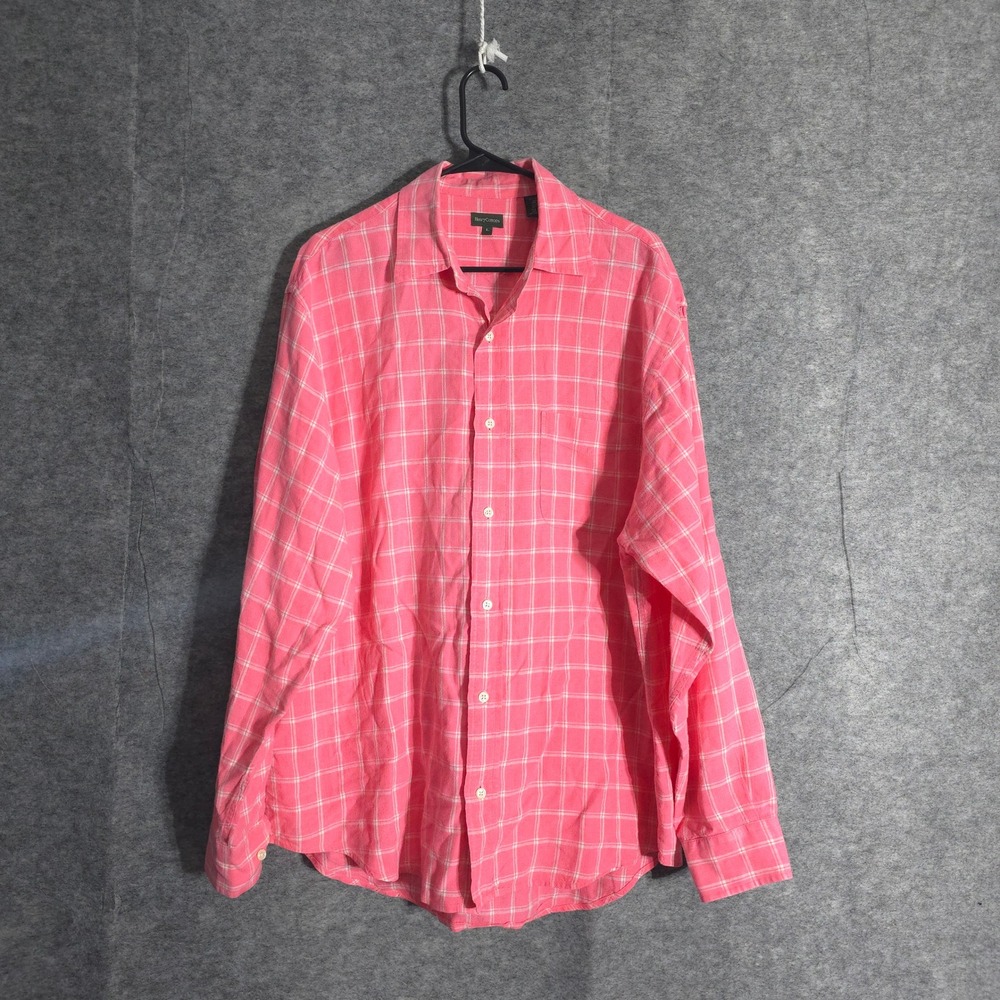 Henry Cotton's Shirt Mens Large Pink Plaid Linen Button Down Long Sleeve Check
